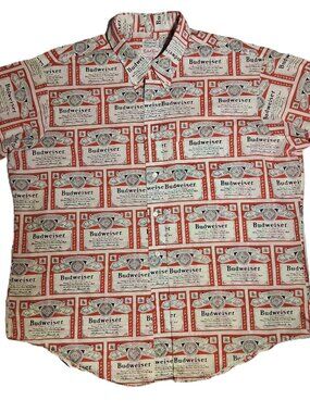 BUDWEISER Shirt XL  Vintage  Union-Made  All over print  Button-Front  RARE  VGC